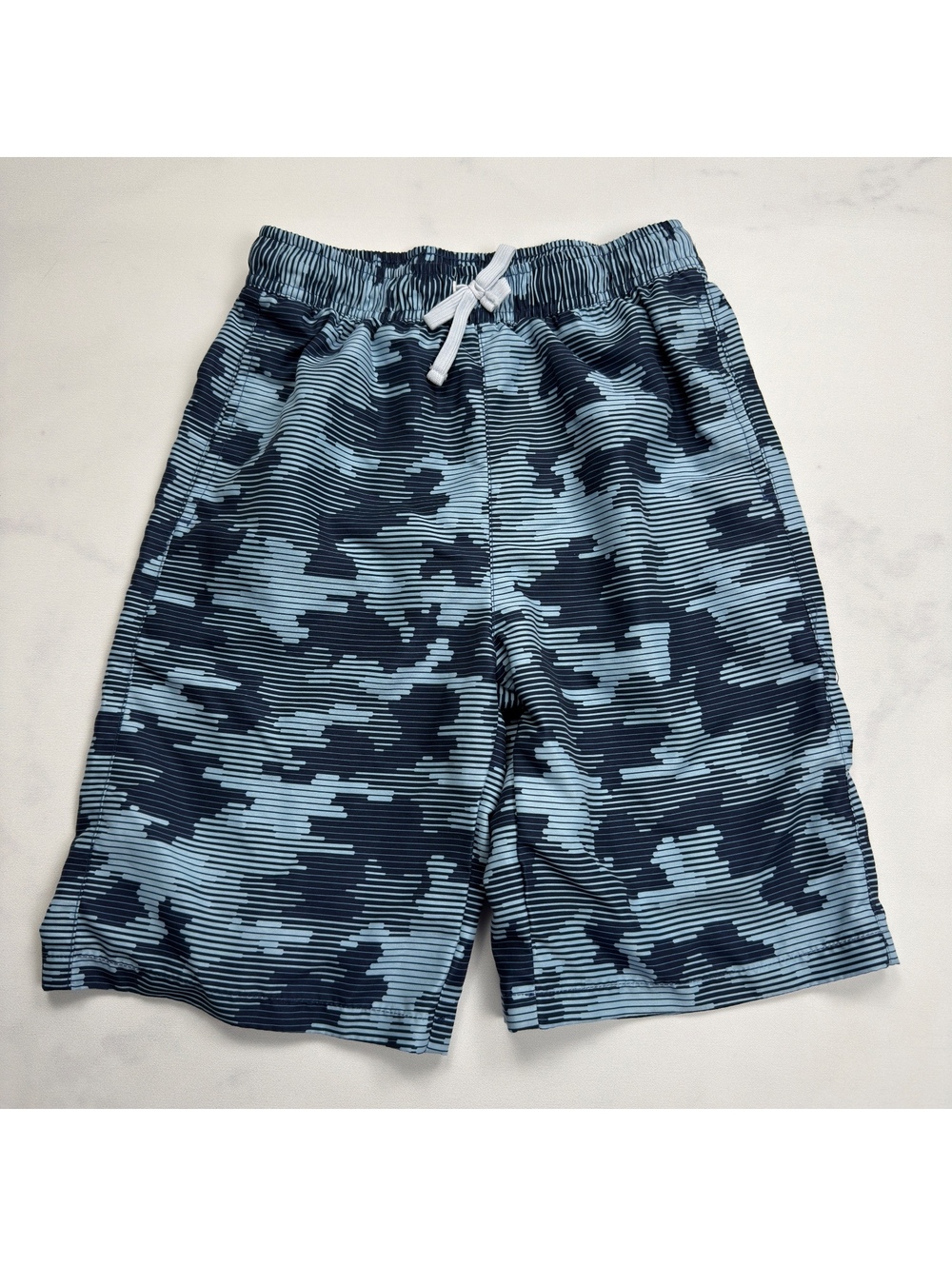 Kidpik Blue Camouflage Pattern Elastic Waist Swim Trunks - Boys XL 14